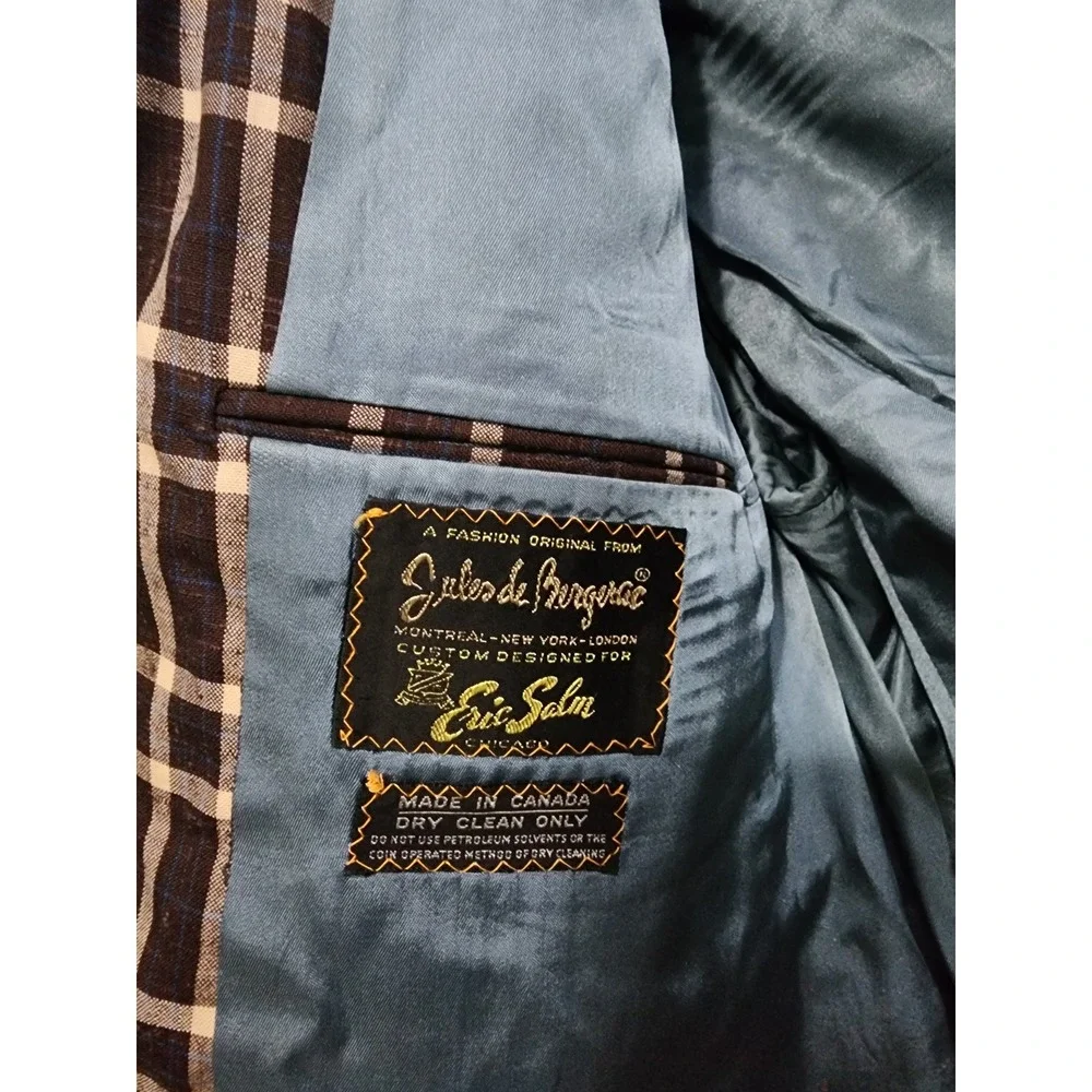 Vintage Jules de Berguae Plaid Blazer Eric Salm Chicago Brown Tan 44W38 Mens 43R